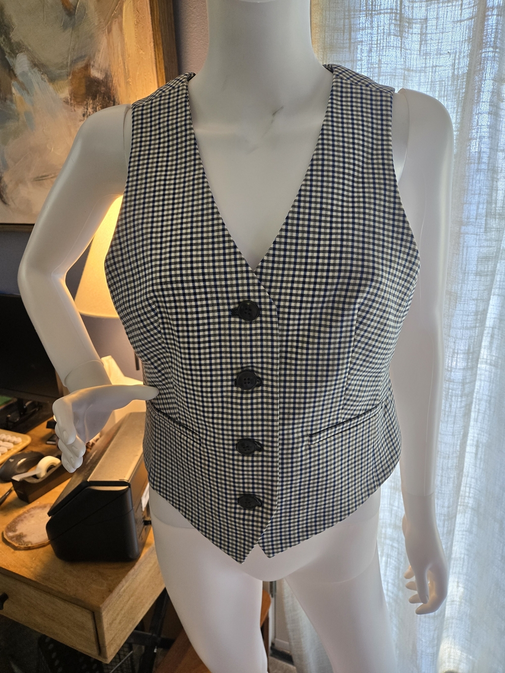 Madewell Gingham Plaid Button-Front Vest in Navy And Olive Green NWT